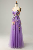 Load image into Gallery viewer, Dark Purple Spaghetti Straps Prom Dress With 3D Flowers