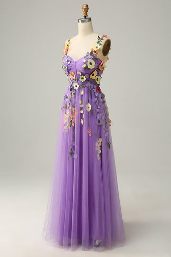 Dark Purple Spaghetti Straps Prom Dress With 3D Flowers