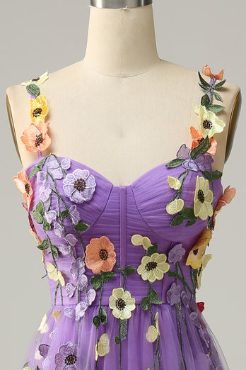 Dark Purple Spaghetti Straps Prom Dress With 3D Flowers