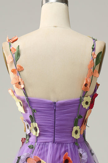 Dark Purple Spaghetti Straps Prom Dress With 3D Flowers