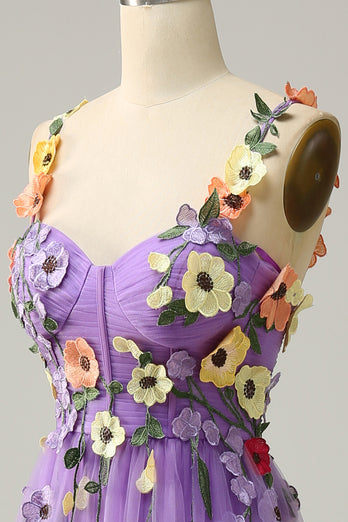 Dark Purple Spaghetti Straps Prom Dress With 3D Flowers