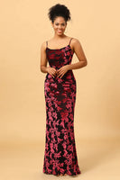 Load image into Gallery viewer, Sheath Spaghetti Straps Burgundy Printed Velvet Long Prom Dress with Silt