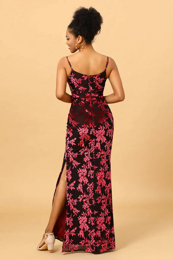 Sheath Spaghetti Straps Burgundy Printed Velvet Long Prom Dress with Silt