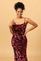 Load image into Gallery viewer, Sheath Spaghetti Straps Burgundy Printed Velvet Long Prom Dress with Silt