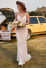 Load image into Gallery viewer, Ivory and Champagne Spaghetti Straps Mermaid Lace Beach Wedding Dress With Sweep Train
