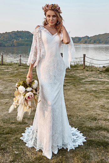 Ivory Lace Cold Shoulder Mermaid Cape Sleeve Boho Wedding Dress