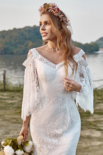 Ivory Lace Cold Shoulder Mermaid Cape Sleeve Boho Wedding Dress