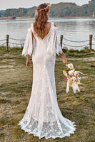 Load image into Gallery viewer, Ivory Lace Cold Shoulder Mermaid Cape Sleeve Boho Wedding Dress