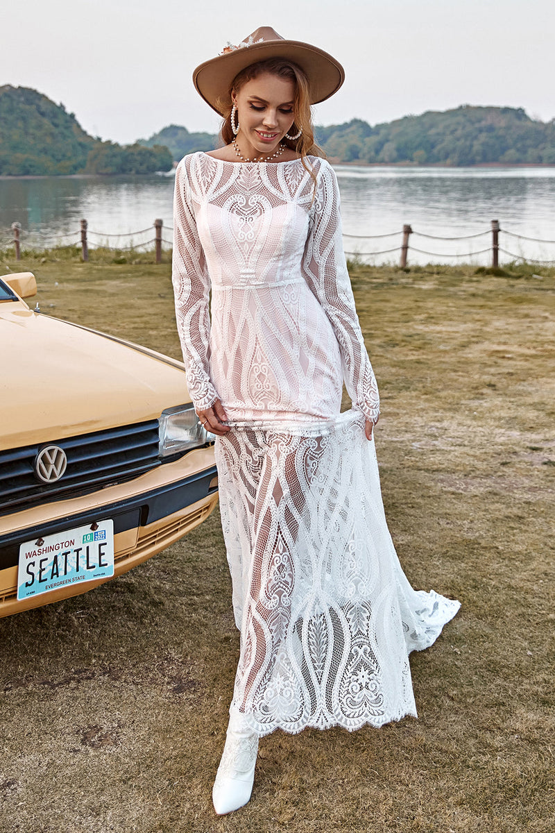 Load image into Gallery viewer, Ivory Mermaid Long Sleeves Lace Boho Wedding Dress With Sweep Train