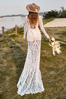 Load image into Gallery viewer, Ivory Mermaid Long Sleeves Lace Boho Wedding Dress With Sweep Train