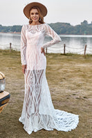 Load image into Gallery viewer, Ivory Mermaid Long Sleeves Lace Boho Wedding Dress With Sweep Train