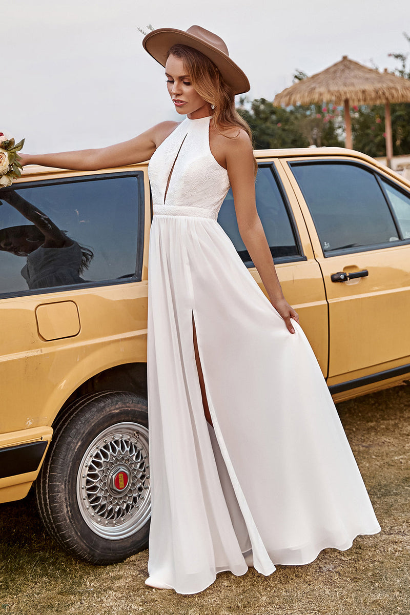 Load image into Gallery viewer, Ivory Lace Chiffon Halter Boho Wedding Dress With Slit