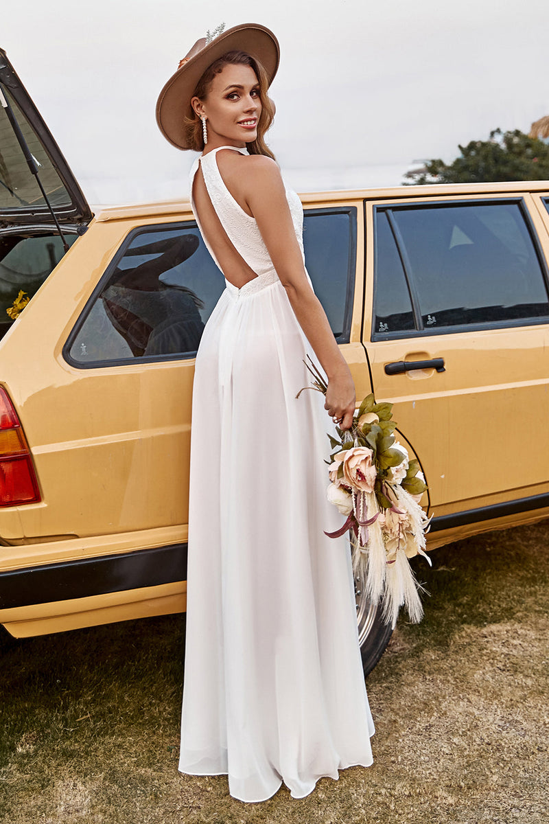 Load image into Gallery viewer, Ivory Lace Chiffon Halter Boho Wedding Dress With Slit