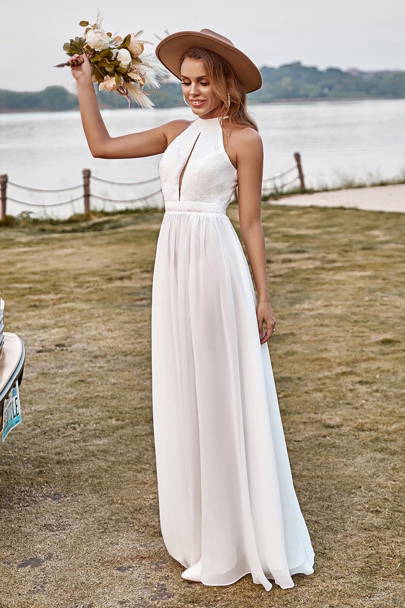 Load image into Gallery viewer, Ivory Lace Chiffon Halter Boho Wedding Dress With Slit