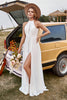 Load image into Gallery viewer, Ivory Lace Chiffon Halter Boho Wedding Dress With Slit