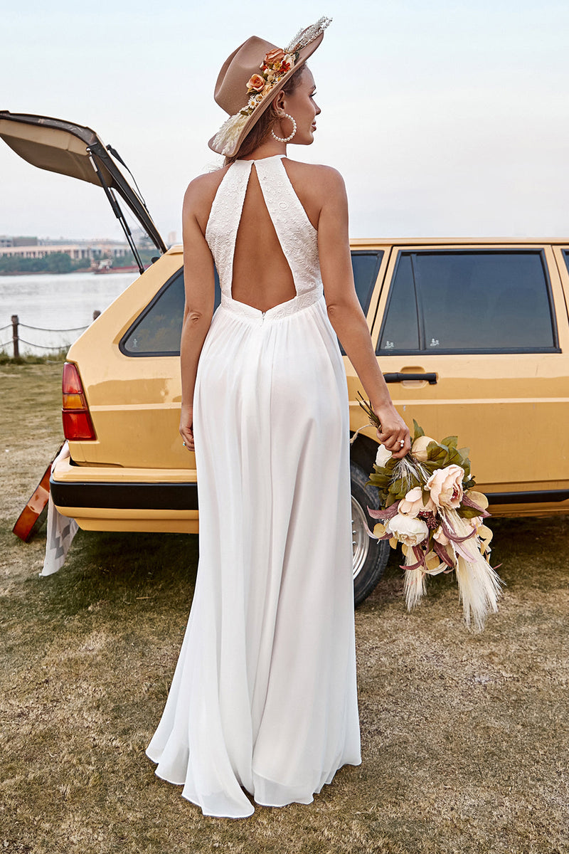 Load image into Gallery viewer, Ivory Lace Chiffon Halter Boho Wedding Dress With Slit