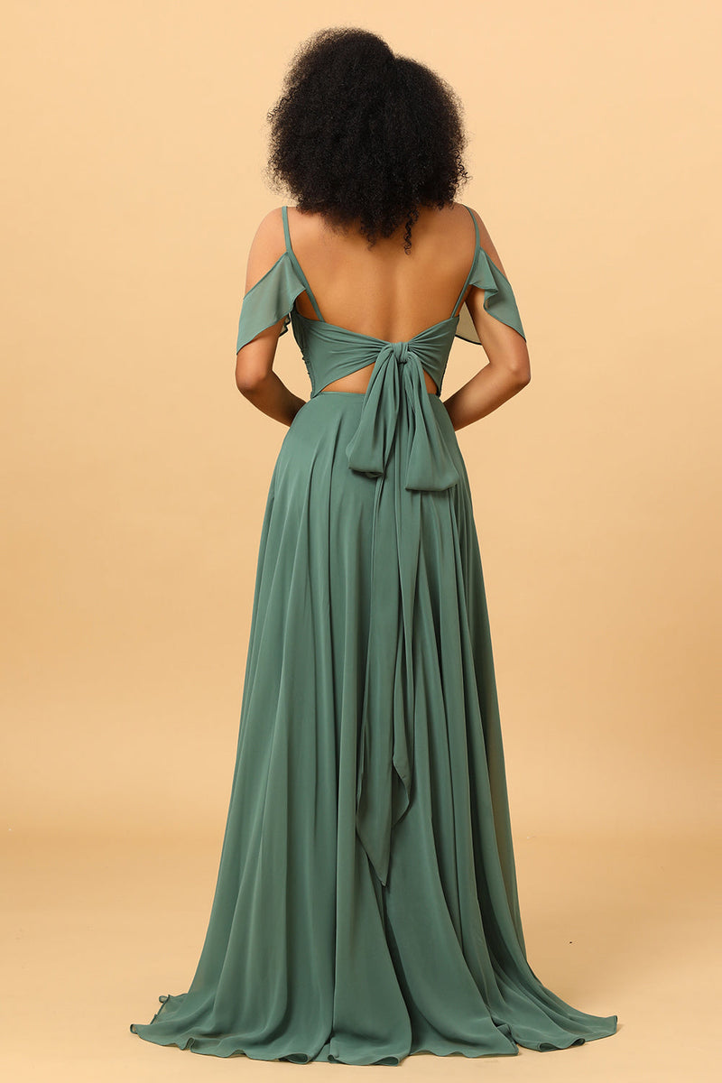 Load image into Gallery viewer, Eucalyptus A Line Spaghetti Straps Long Chiffon Bridesmaid Dress With Slit