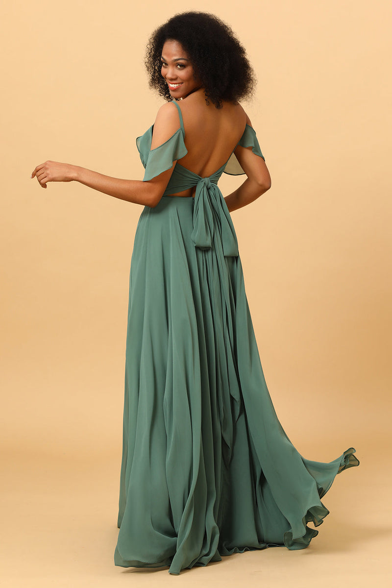 Load image into Gallery viewer, Eucalyptus A Line Spaghetti Straps Long Chiffon Bridesmaid Dress With Slit