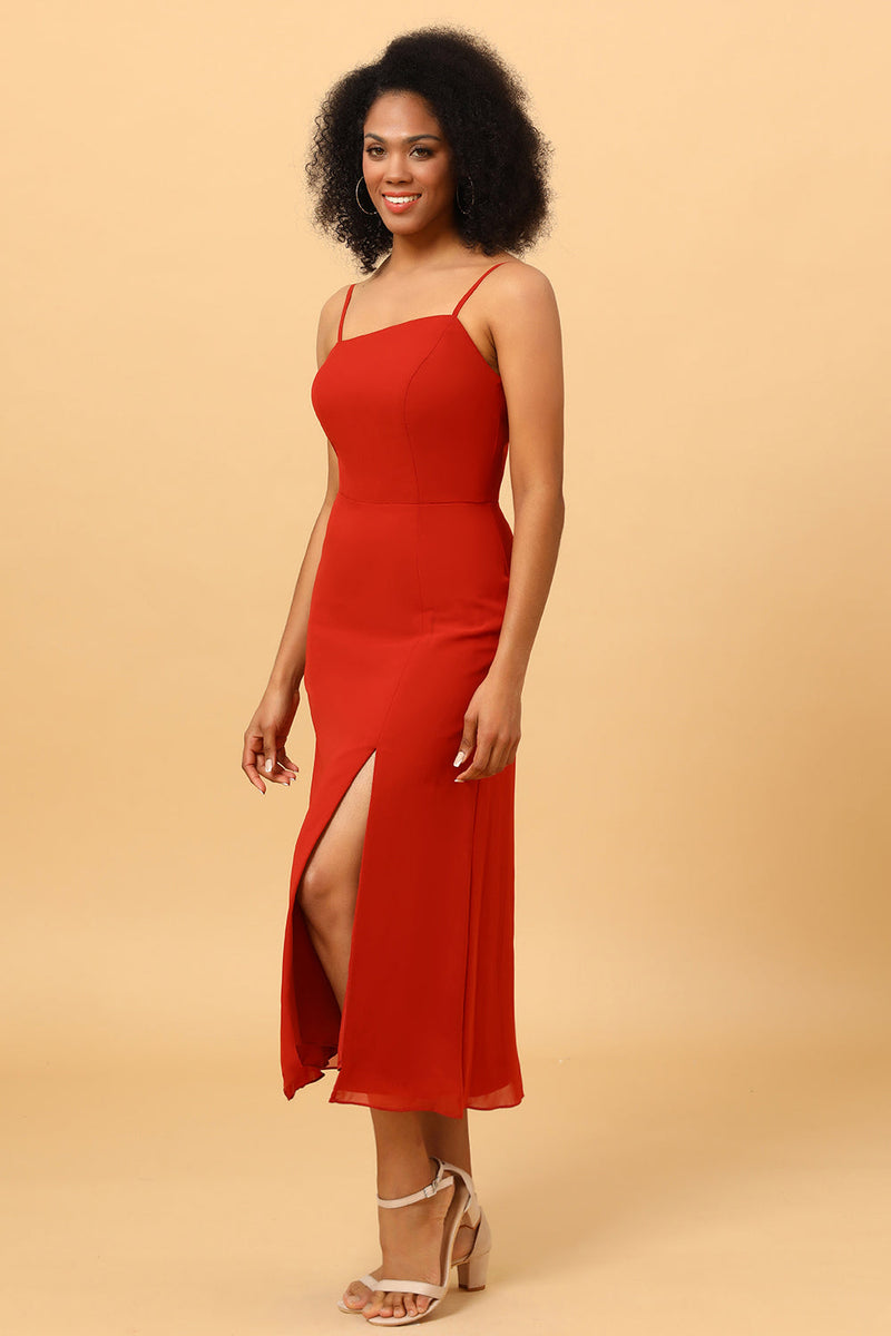 Load image into Gallery viewer, Red Chiffon Mid-Calf Bridesmaid Dress with Slit