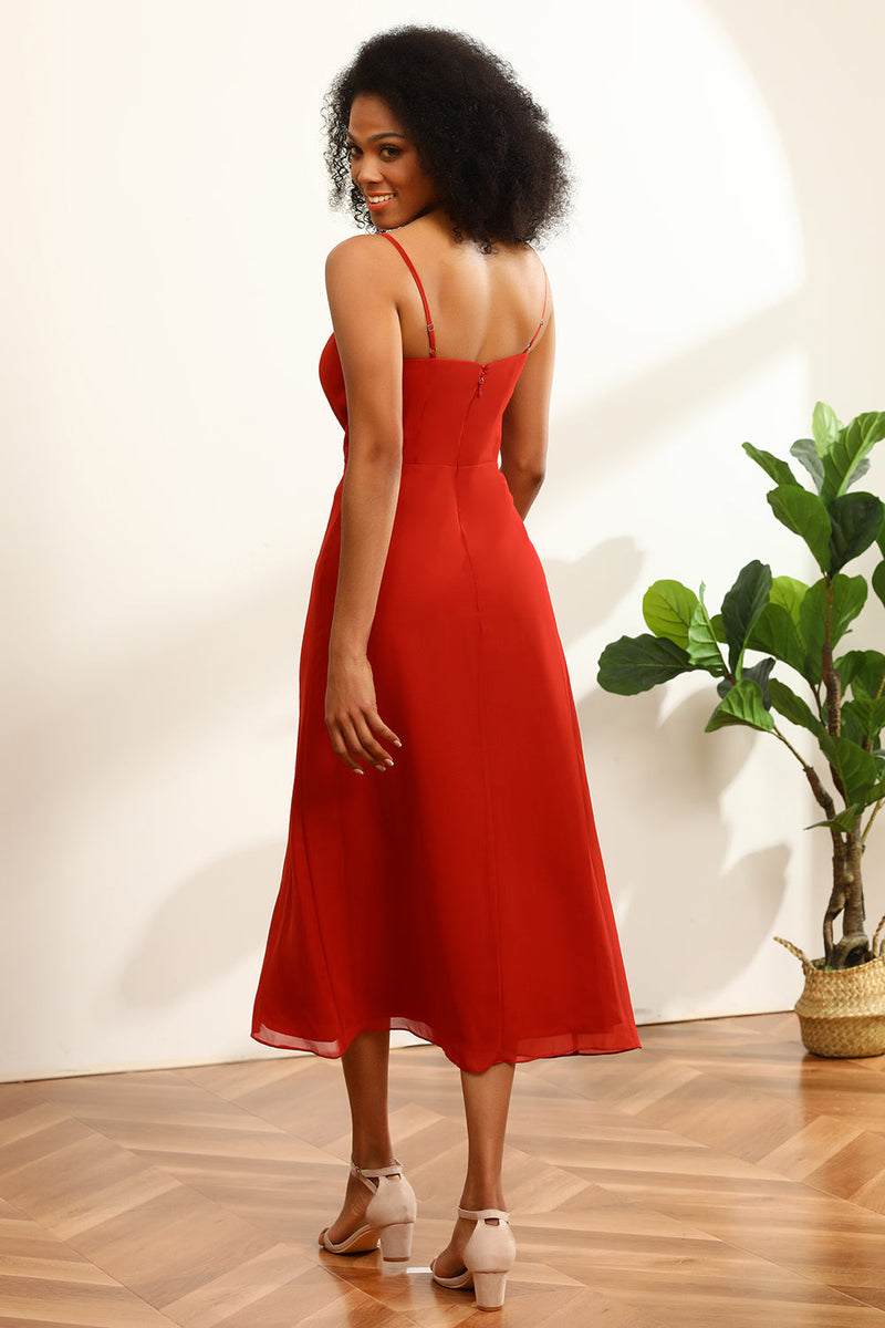 Load image into Gallery viewer, Red Chiffon Mid-Calf Bridesmaid Dress with Slit