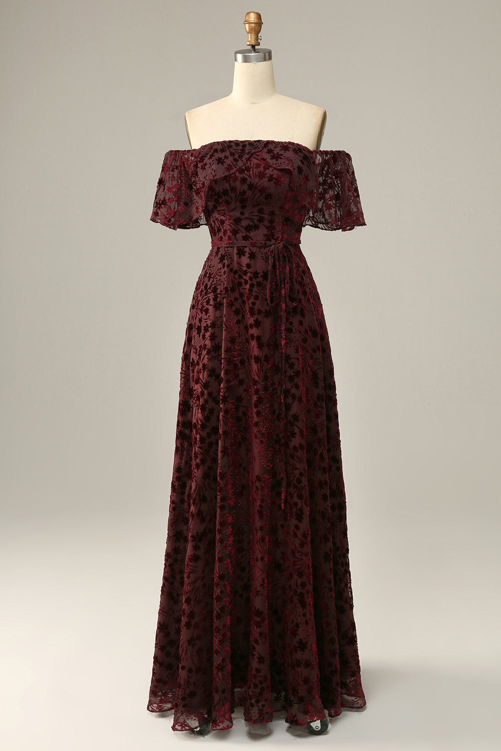 Burgundy Flower Off The Shoulder Prom Dress