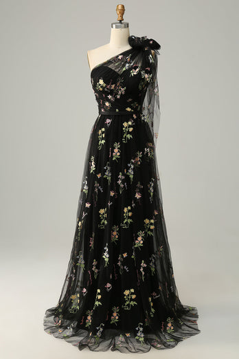 Tulle One Shoulder Green Long Prom Dress with Embroidery