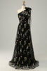 Load image into Gallery viewer, Tulle One Shoulder Black Long Prom Dress with Embroidery