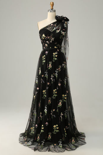 Tulle One Shoulder Black Long Prom Dress with Embroidery