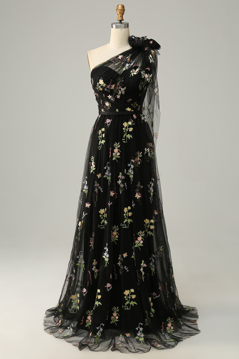 Load image into Gallery viewer, Tulle One Shoulder Black Long Prom Dress with Embroidery