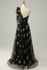 Load image into Gallery viewer, Tulle One Shoulder Black Long Prom Dress with Embroidery
