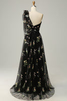 Load image into Gallery viewer, Tulle One Shoulder Black Long Prom Dress with Embroidery