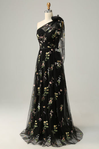 Tulle One Shoulder Green Long Prom Dress with Embroidery