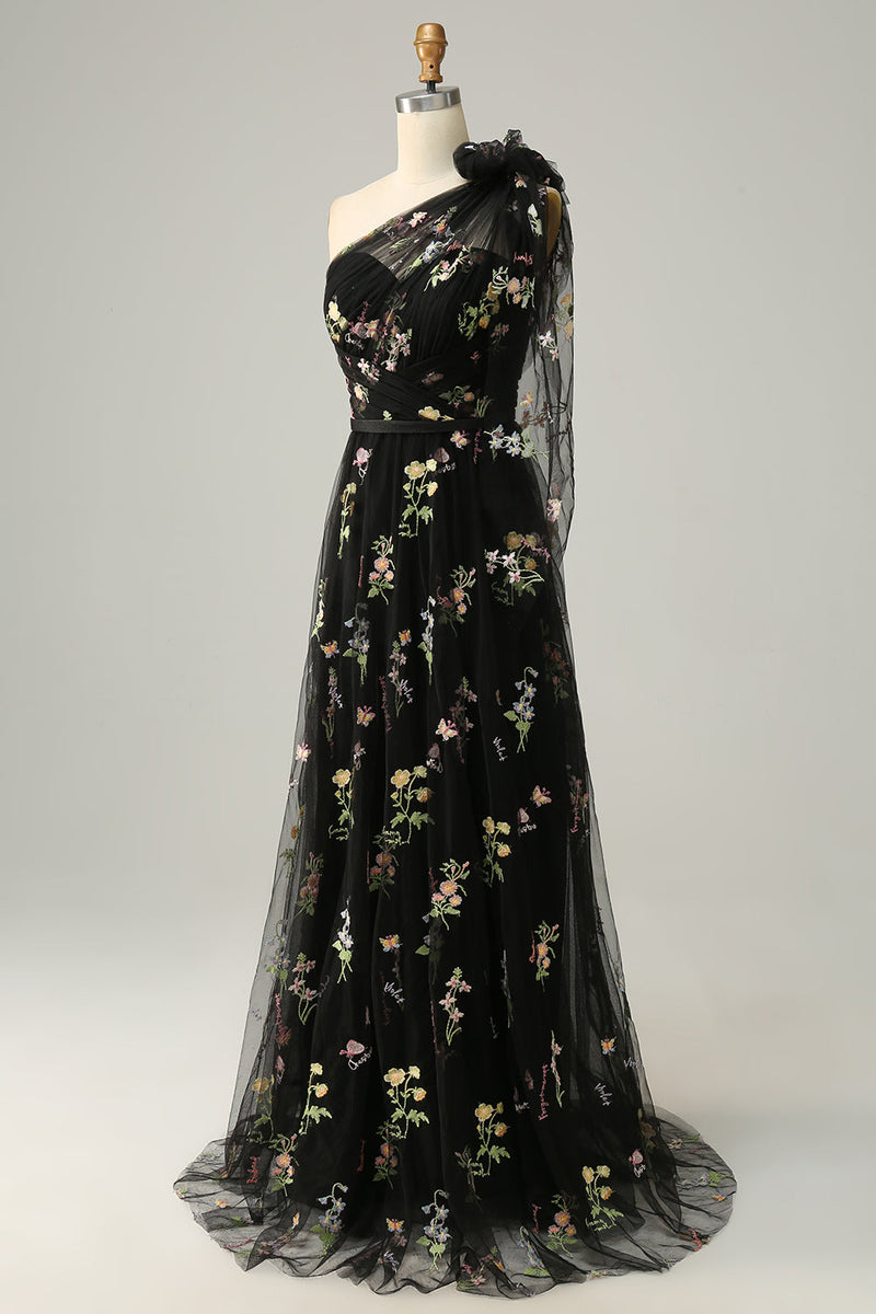 Load image into Gallery viewer, Tulle One Shoulder Green Long Prom Dress with Embroidery