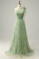 Load image into Gallery viewer, Tulle One Shoulder Green Long Prom Dress with Embroidery