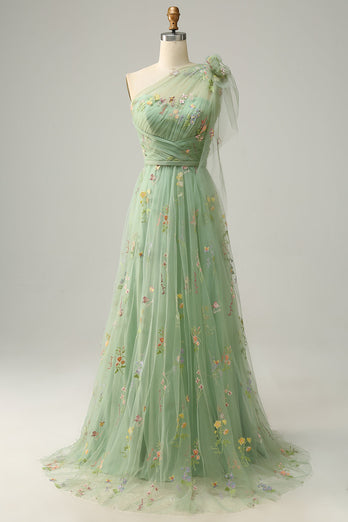 Tulle One Shoulder Green Long Prom Dress with Embroidery