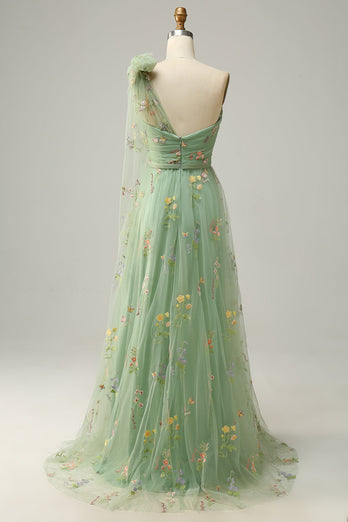 Tulle One Shoulder Green Long Prom Dress with Embroidery