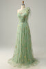 Load image into Gallery viewer, Tulle One Shoulder Green Long Prom Dress with Embroidery