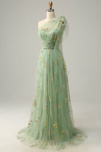 Tulle One Shoulder Green Long Prom Dress with Embroidery
