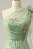 Load image into Gallery viewer, Tulle One Shoulder Green Long Prom Dress with Embroidery