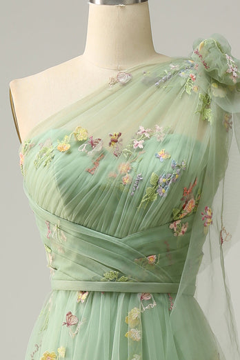Tulle One Shoulder Green Long Prom Dress with Embroidery