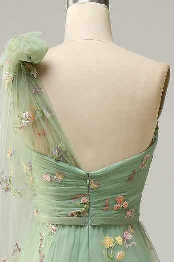 Tulle One Shoulder Green Long Prom Dress with Embroidery