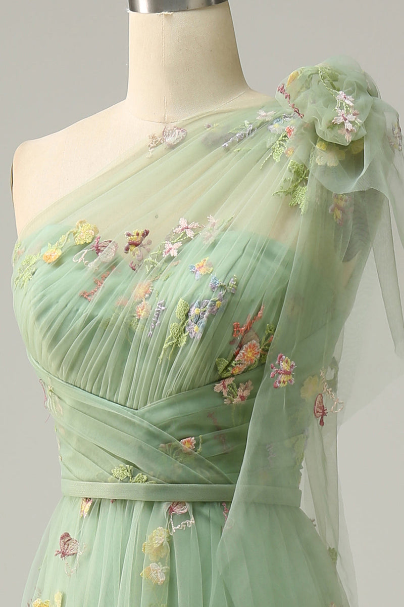 Load image into Gallery viewer, Tulle One Shoulder Green Long Prom Dress with Embroidery