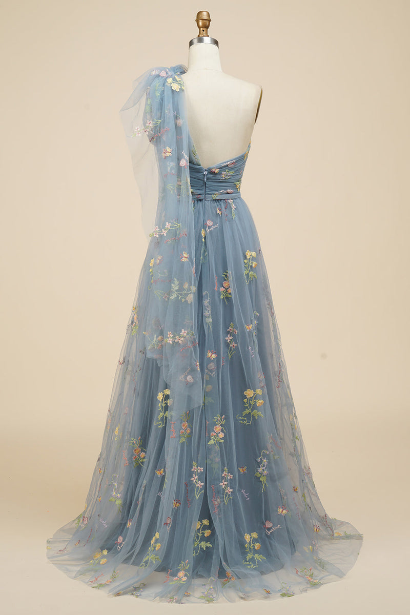 Load image into Gallery viewer, Tulle One Shoulder Green Long Prom Dress with Embroidery