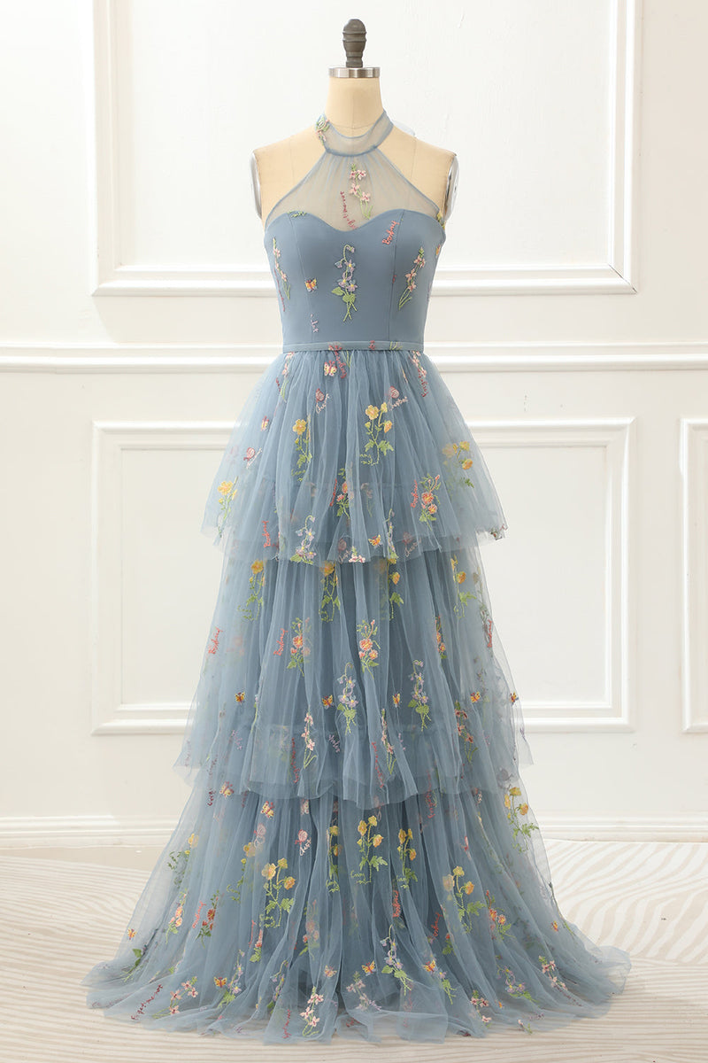 Load image into Gallery viewer, A Line Halter Tulle Prom Dress with Embroidery