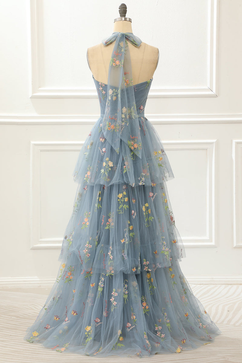 Load image into Gallery viewer, A Line Halter Tulle Prom Dress with Embroidery