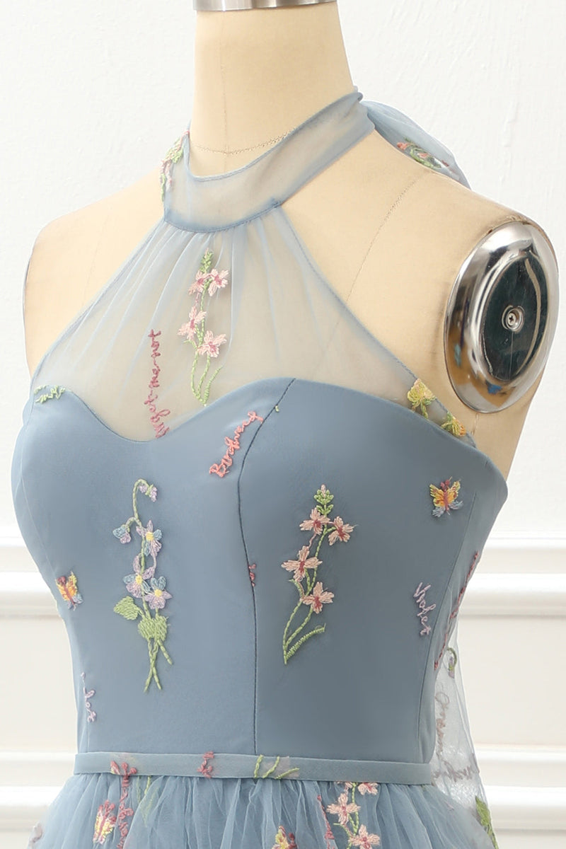Load image into Gallery viewer, A Line Halter Tulle Prom Dress with Embroidery