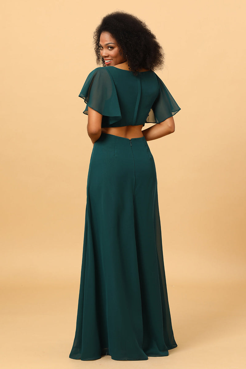Load image into Gallery viewer, Dark Green V-Neck Long Chiffon Bridesmaid Dress with Ruffles