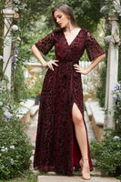 Load image into Gallery viewer, A Line V Neck Rust Long Bridesmaid Dress with Split Front