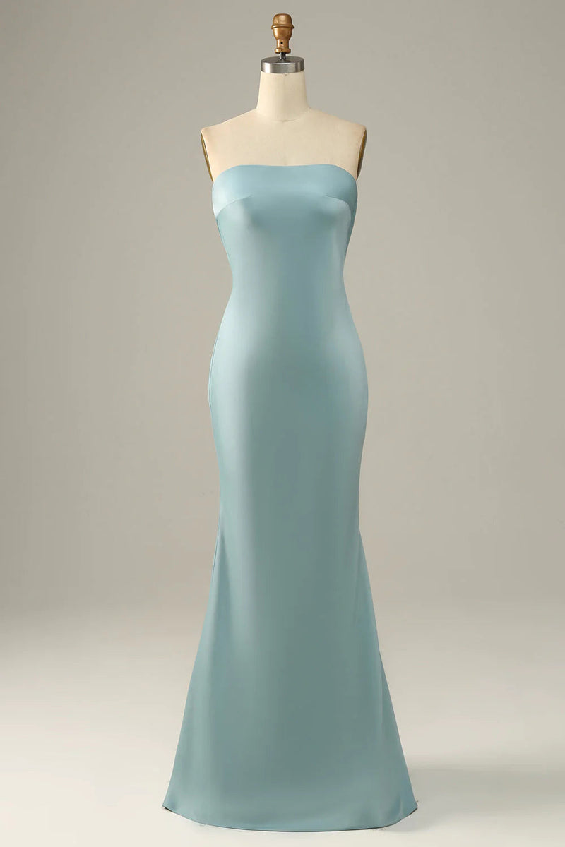 Load image into Gallery viewer, Grey Blue Mermaid Strapless Floor Length Satin Bridesmaid Dress