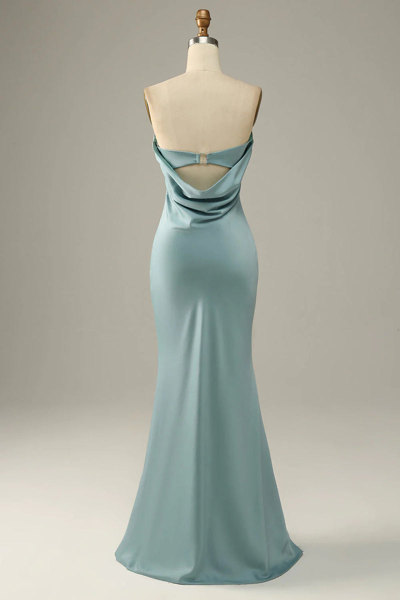 Load image into Gallery viewer, Grey Blue Mermaid Strapless Floor Length Satin Bridesmaid Dress